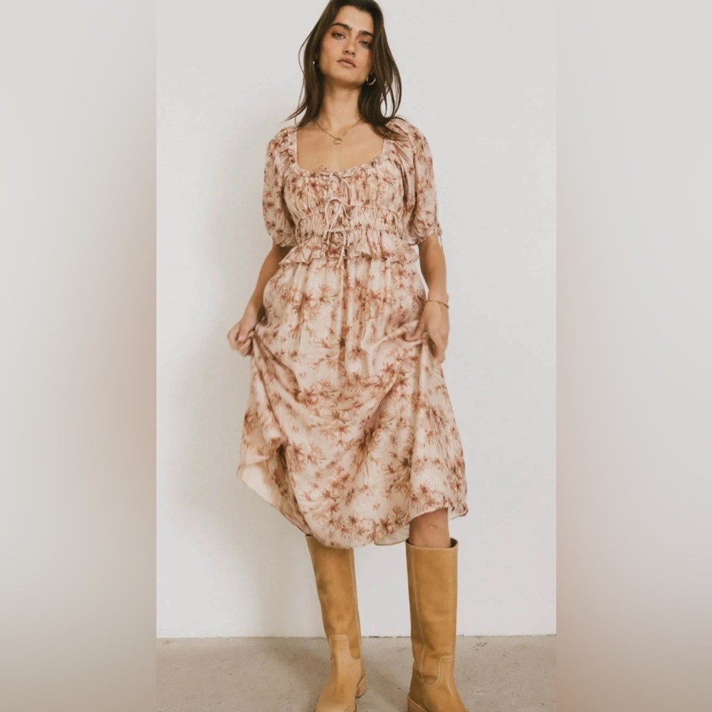 NWT Bohme Nella Floral Linen Blend Babydoll Midi Dress Size Small